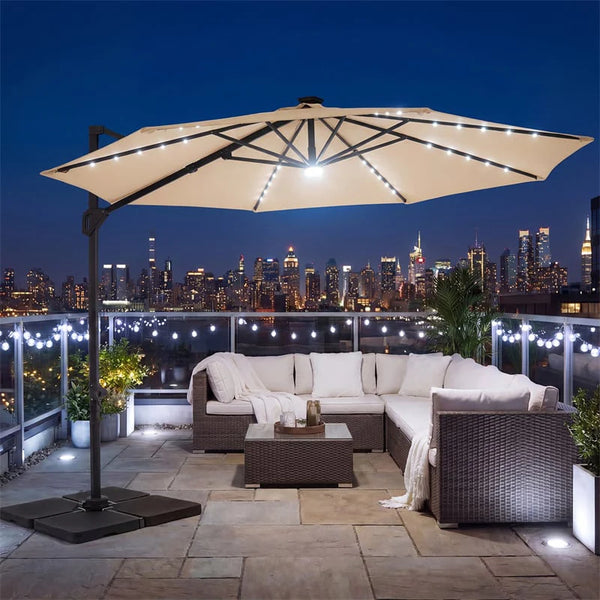 10FT Cantilever Patio Umbrella w/ 36 Solar LED Lights, 360° Rotation Offset Hanging Umbrella, Easy Tilt, 8 Sturdy Ribs, Sun Shade for Yard Pool