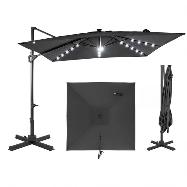10 FT Cantilever Patio Umbrella with 32 Solar LED Lights, 360° Rotation & Easy Tilt, Square Outdoor Offset Hanging Umbrella with Cross Base